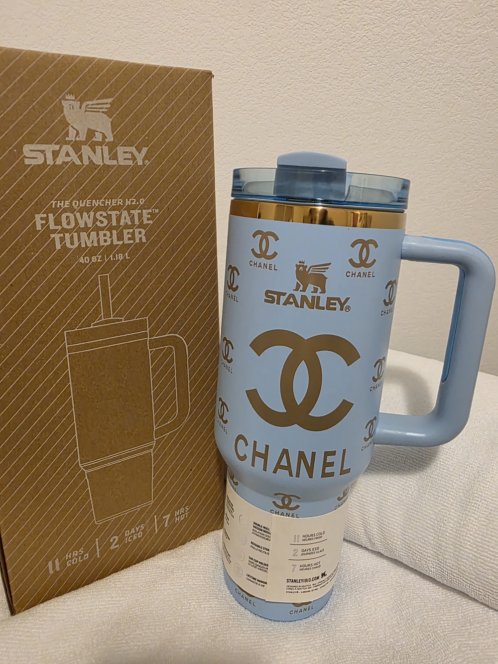 Stanley Light Blue Gold Engraved Logo FlowState Quencher Tumbler 40 Oz